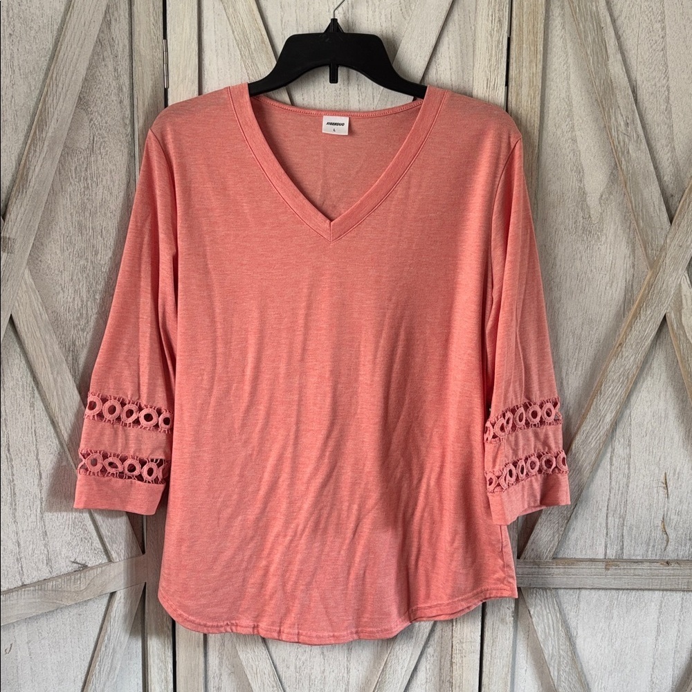 Coral V-Neck Top with Lace Sleeves